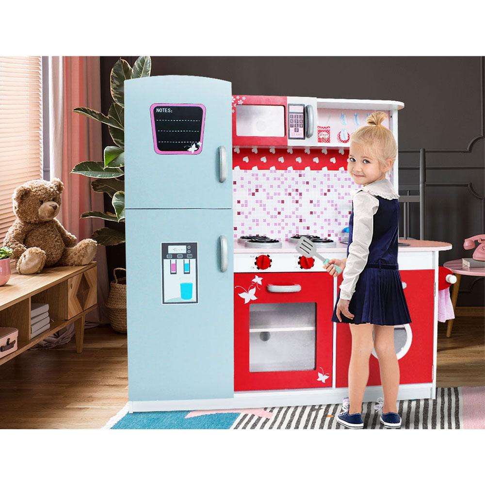 Keezi Kids Kitchen Set featuring a colorful wooden play kitchen with oven, microwave, and fridge, designed for pretend cooking play.